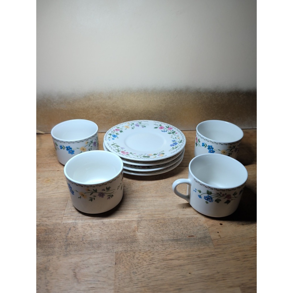 Farberware Stoneware English Garden #225 4 Coffee Cups with Saucers